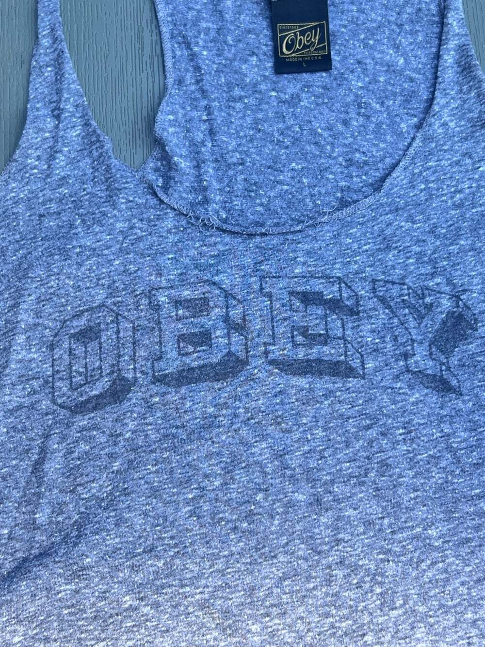 OBEY Racerback Tank Top Womens L Heather Grey Ombre Made in USA Graphic Logo